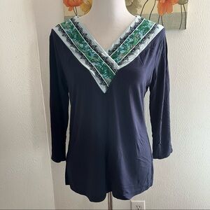 Chico's Inset Floral Vneck Navy Blue Stretch 3/4 Sleeve Pullover Top Size 1